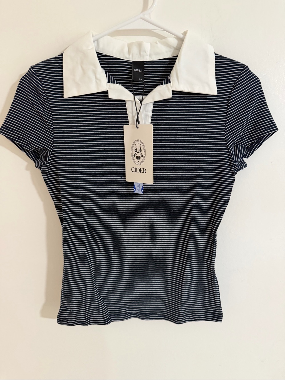 Cider Navy & White Striped Polo-Collar Short Sleeve Tee